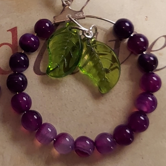 Earrings grape hoops silver hardware purple & green glass beads NWT handmade - Picture 2 of 2
